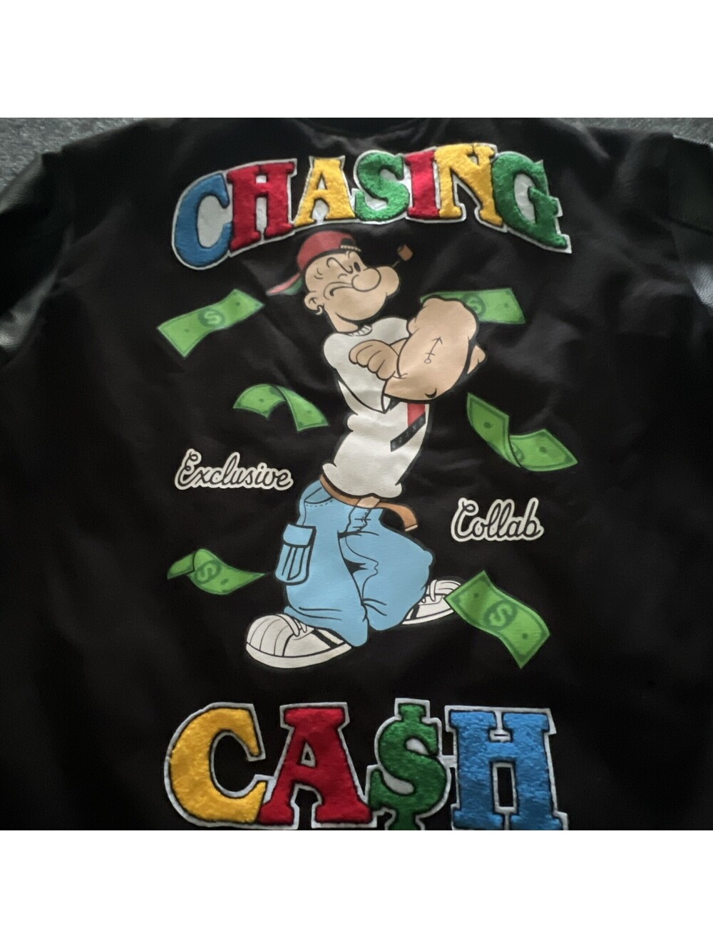 Reason Clothing X Popeye Mens XXL Varsity Bomber Jacket Chasing Cash Patches EUC - Picture 6 of 11